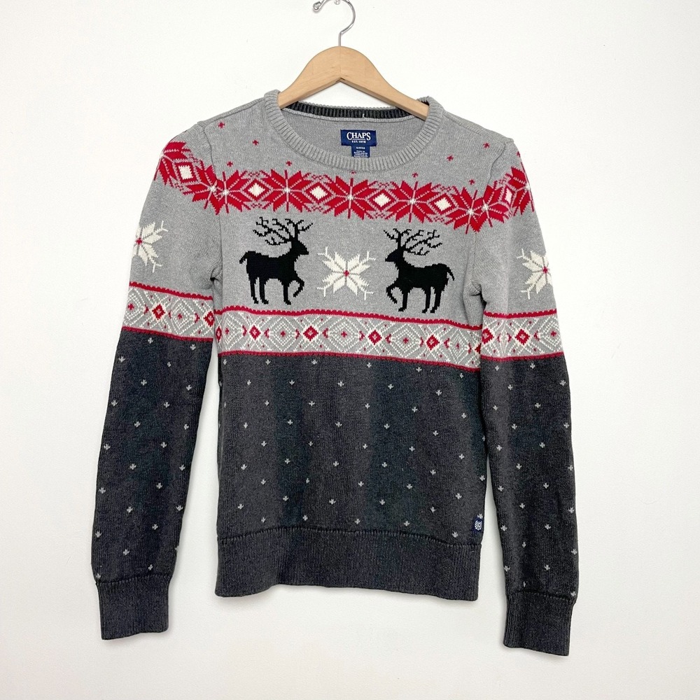 Reindeer Fair Isle Sweater Small Gray Snowflakes Nordic Christmas Holiday Cabin